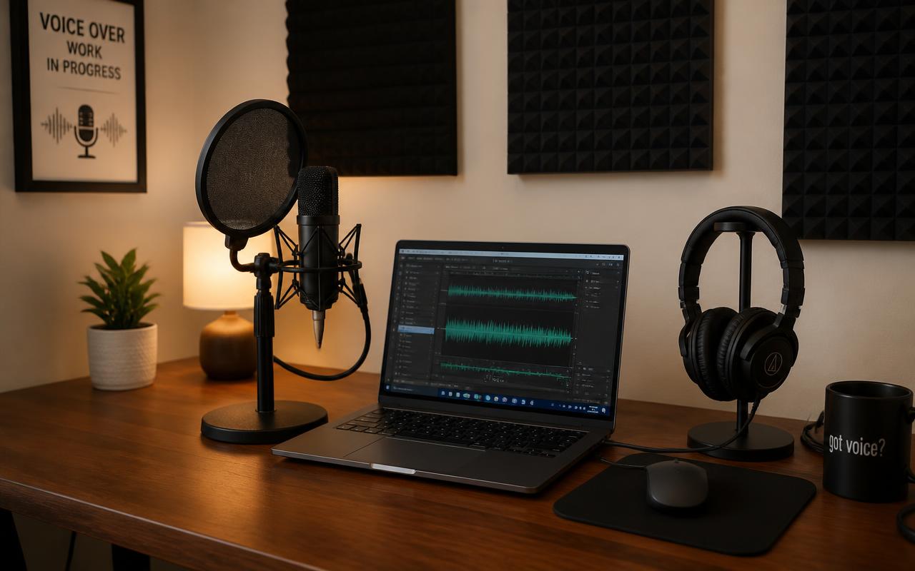 Eenvoudige, compacte thuisstudio met microfoon, laptop en opnameapparatuur